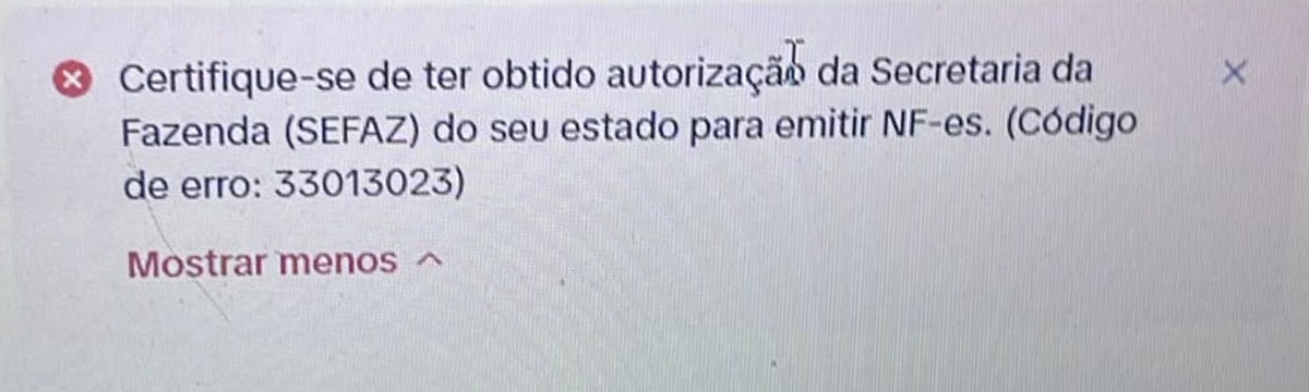 Mensagem do TikTok Shop orientando verificar a autorização da SEFAZ para emitir NF-e, com código de erro 33013023