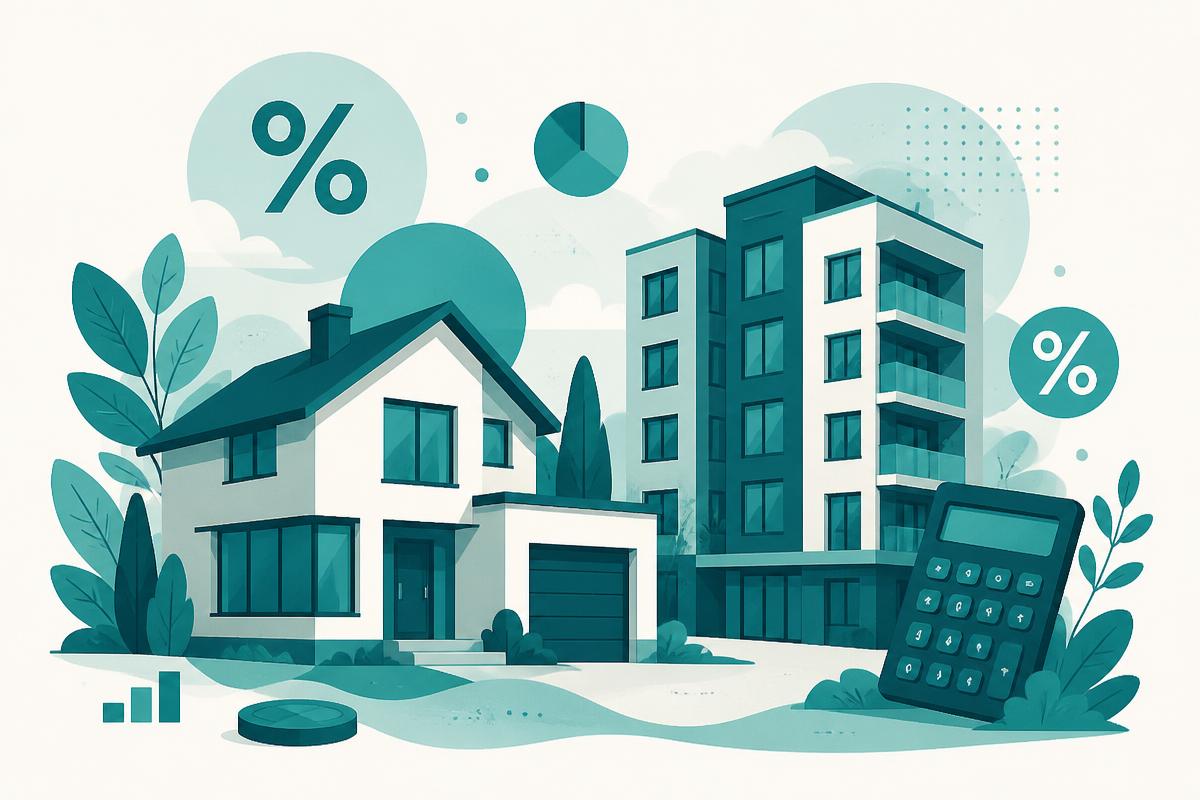 Casa e prédio residencial com símbolos de porcentagem e calculadora, representando impostos sobre imóveis