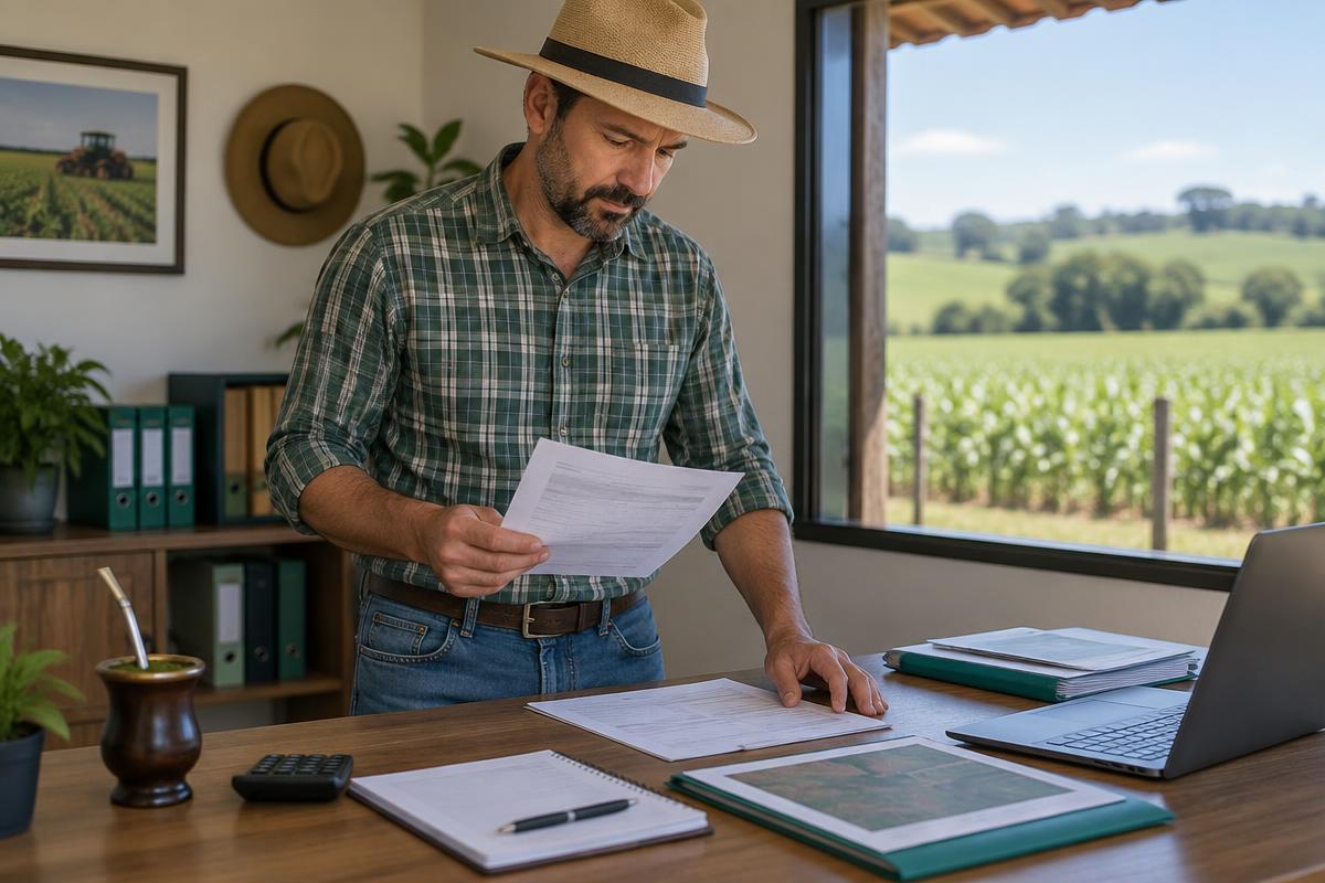 Produtor rural conferindo documentos fiscais em um escritório na propriedade