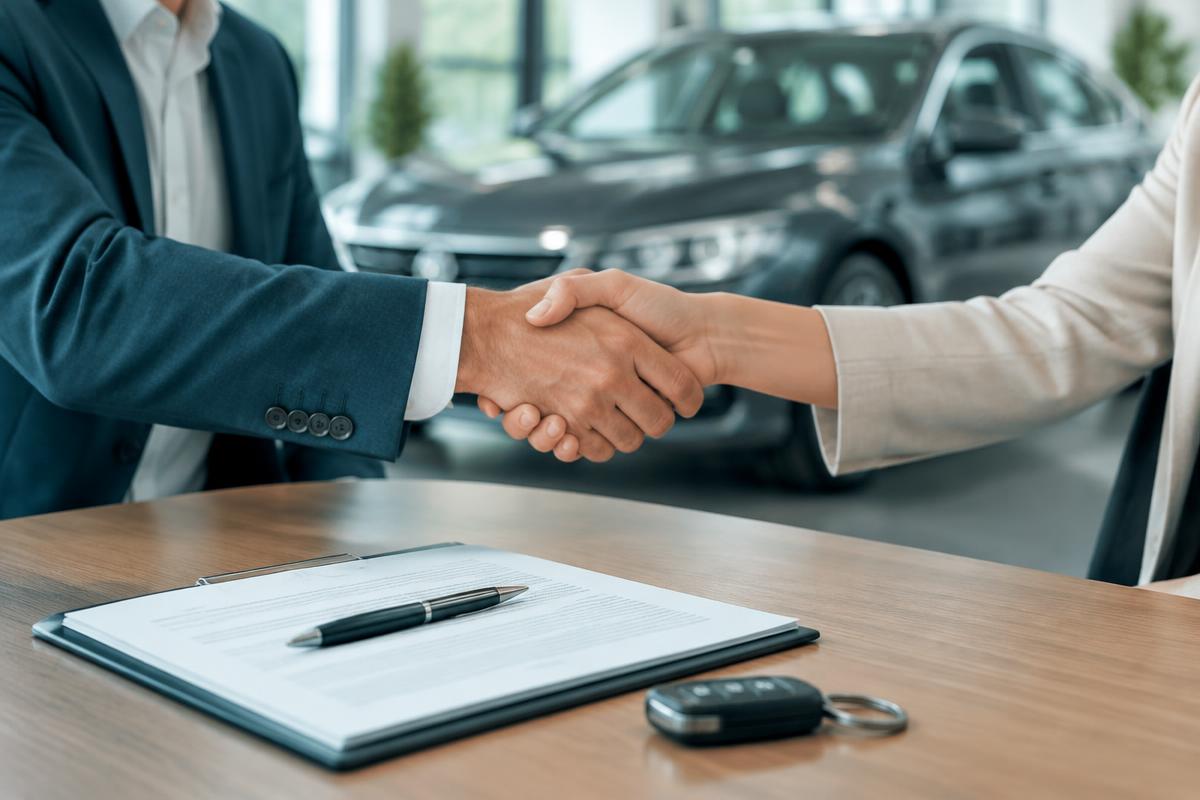 Aperto de mãos sobre contrato de compra de veículo usado, com chave do carro na mesa da revenda