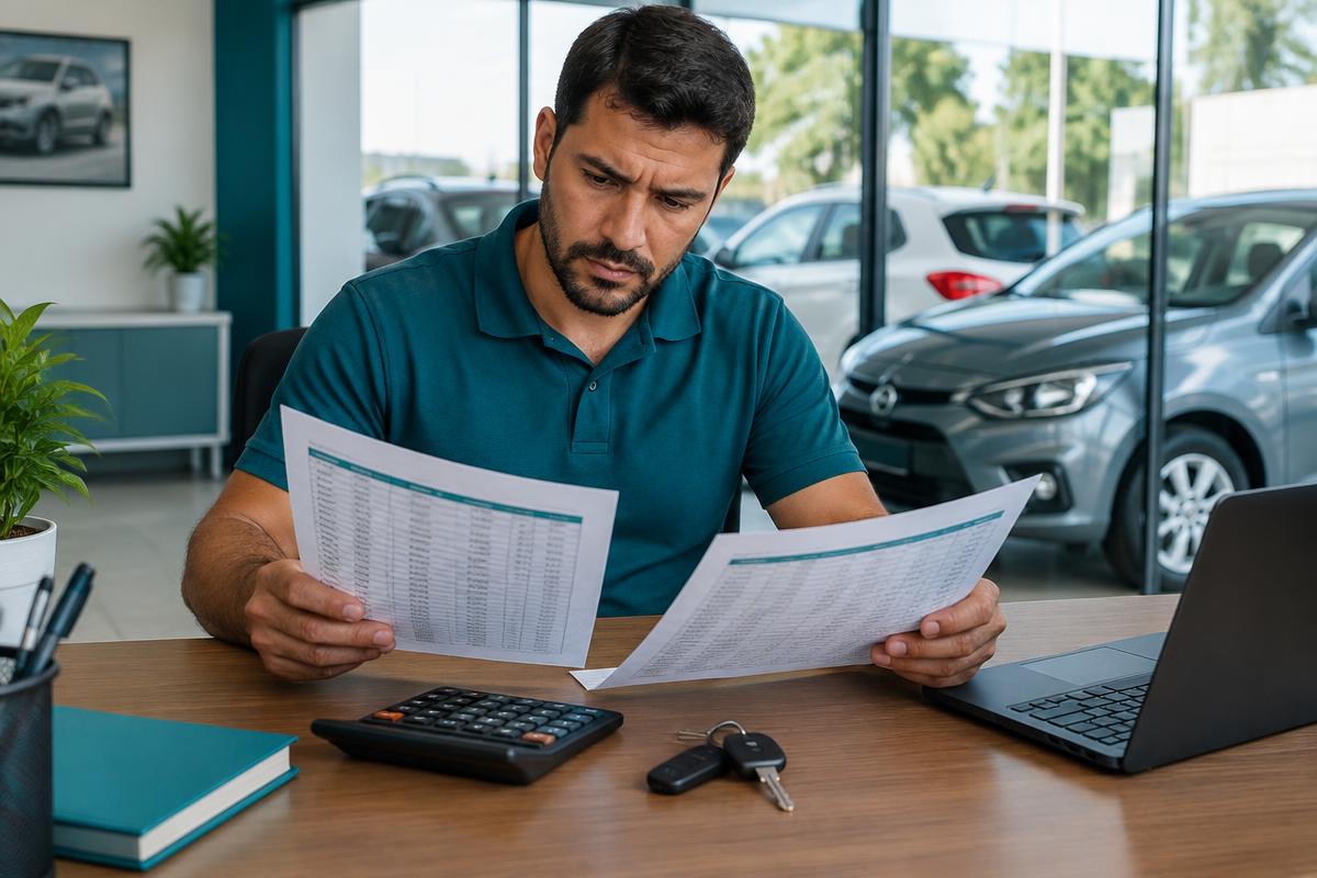 Dono de revenda de veículos comparando planilhas com calculadora e chaves de carro sobre a mesa